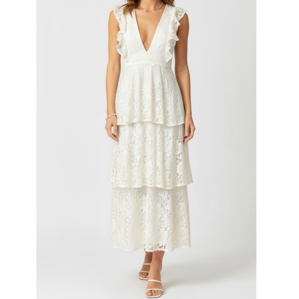 LULUS Molinetto Floral Lace Ruffled Tiered Maxi Dress, White, Large